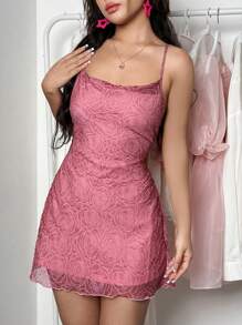 SHEIN Unity Women's Jacquard Backless Spaghetti Strap Dress - Pink - View 4