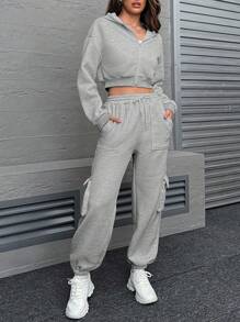 SHEIN Unity 女士純色簡約連帽衫和長褲套裝 - 灰色 - 查看 5