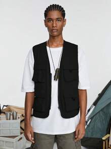 ROMWE MEN Street Life 1件男式拉鍊多口袋背心外套 - 黑色 - 查看 1