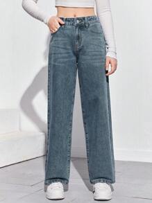 SHEIN Jeans Casuales De Pierna Recta Para Chicas Adolescentes - Azul lavado medio - Ver 1