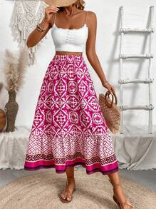 EMERY ROSE Falda con estampado floral de bloques de color y volantes para mujer, otoño para mujer - Rosa Fucsia - Ver 5