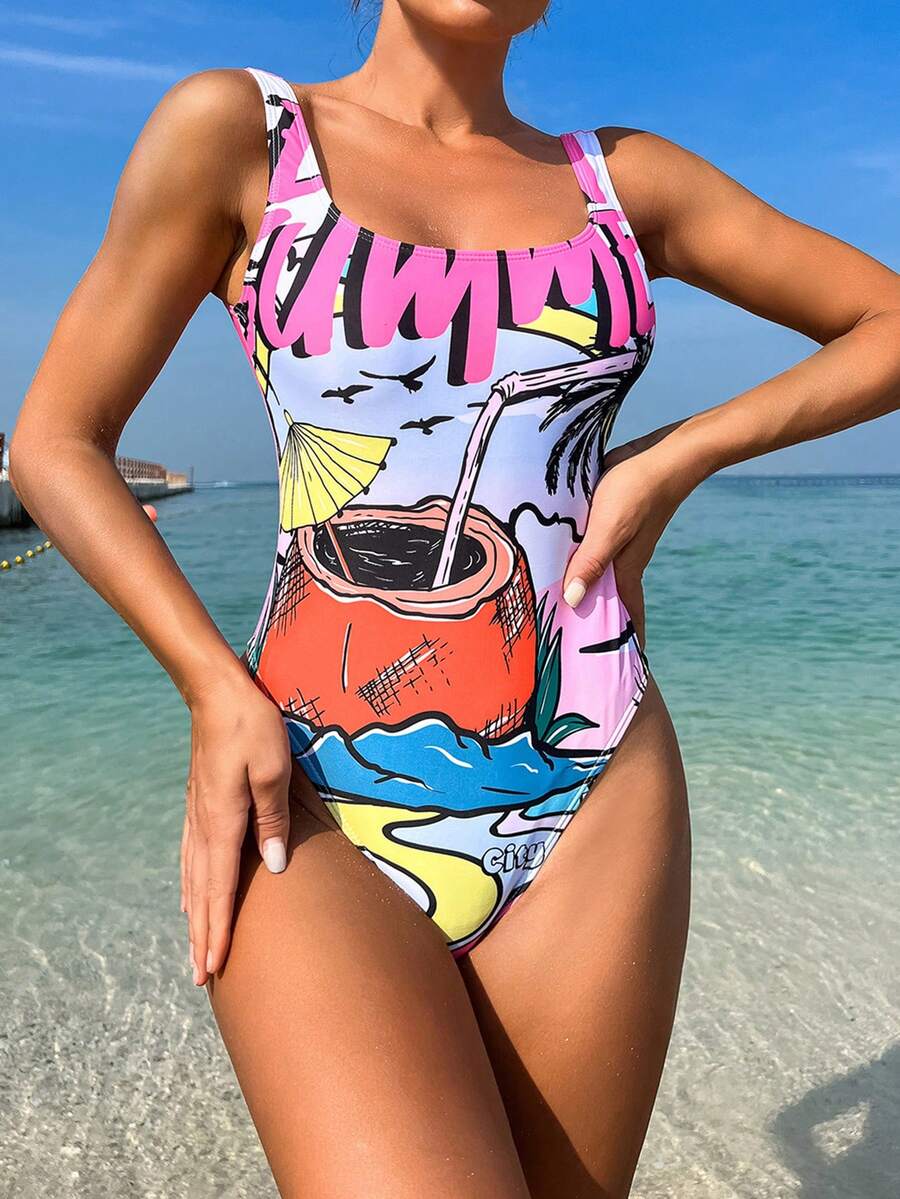 Swim Vcay Của phụ nữ Đồ bơi một mảnh Với bản in cây cọ Lễ hội hóa trang - Nhiều màu - Xem 1