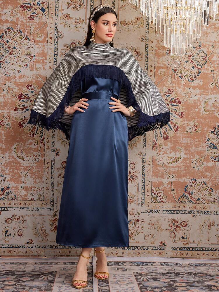 Women's Fringe Decorated Cape And Cami Dress Two-Piece Set,Elegant Evening Party Dress 2 Piece Set