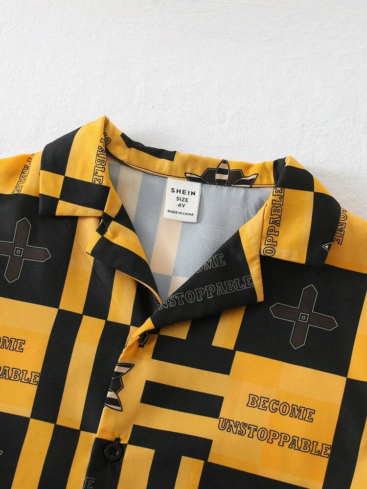 2pcs/Set Young Boys' Casual College And Street Style Plaid, Geometric, And Letter Printed Shirt And Shorts, Suitable For Daily School And Sports In Spring And Summer Season