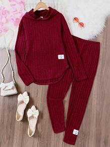 Teen Girls' Sweet Ribbed Letter Patchwork Hooded Top And Pants Two Piece Set - Burgundy - View 1
