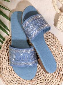 SHUZIA Women's Solid Color Rhinestone-Encrusted Flat Sandals