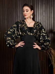 Modelyn Vestido De Manga Murciélago Para Mujer Con Estampado Floral Y Parches - Negro - Ver 1