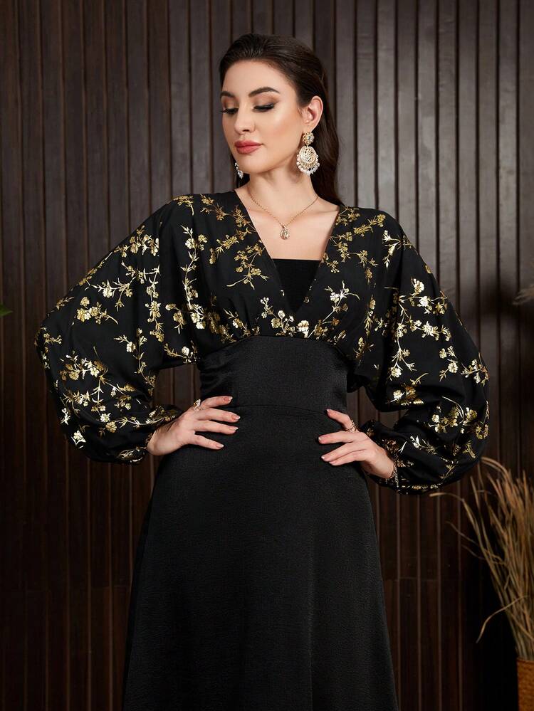 Women's Floral Printed Patchwork Batwing Sleeve Dress Fall Cloth For Women