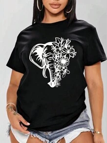 SHEIN LUNE Kích thước lớn Con voi & Hoa In Ngắn tay Áo thun - màu đen - Xem 1