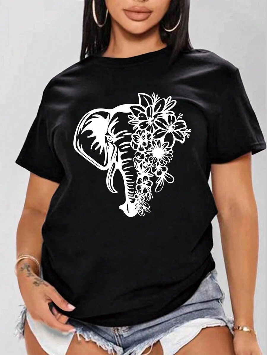 SHEIN LUNE Kích thước lớn Con voi & Hoa In Ngắn tay Áo thun - màu đen - Xem 1