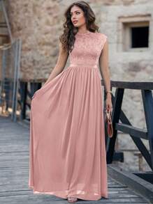 MIUSOL Elegant Floral Lace Mock Neck Cap Sleeve Pleated Hem Prom Party Dress Formal Evening Wedding Guest Gown, For Graduation, Dinner - Baby Pink - View 6