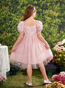 Tween Girl's Elegant Gorgeous Square Neckline Bubble Sleeve Net Yarn Sequin Decor Dress - Pink - View 2