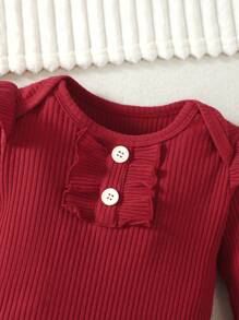 女婴荷叶边装饰连体衣和千鸟格印花蝴蝶结前裤和头带，适合圣诞节 - 紅色 - 查看 7