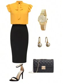 SHEIN Clasi 女士領結,蕾絲袖子上衣和裙子套裝