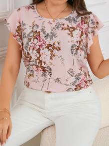 SHEIN Clasi Plus Size Women's Floral Printed Flutter Sleeve Floral Blouse - Hot Pink - View 5
