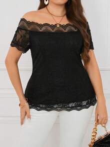 SHEIN Clasi 大尺碼女性花邊露肩上衣 - 黑色 - 查看 3