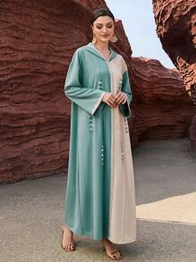 Al Najma Color Block Rhinestone Decorated Knitted Ribbon Splice Hoodie Modest Dress Elegant Luxury Long Sleeve - Multicolor - View 6