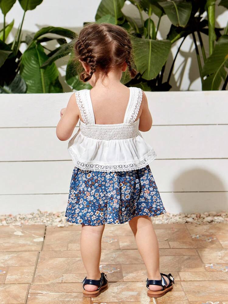 Baby Girl Summer Holiday White Ruffle Lace Tank Top & Floral Print Skirt Set