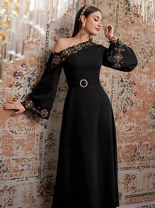 Modelyn Women's Geometric Pattern Asymmetrical Neckline Flare Sleeve Dress,Elegant Evening Party Dress Long Evening Dresses