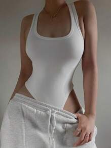 INAWLY Của phụ nữ Đồ đan Ribbed Gầy Không lưng Áo liền quần chặt - trắng - Xem 1