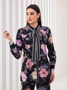 Seusyu Women's Floral Pattern Striped Collar Tie Front Shirt With Patchwork Fall Cloth For Women - Multicolor - View 6