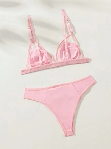 SHEIN 女士網紗波點拼接狗和字母印花胸衣和底褲內衣套裝 - 粉色 - 查看 2