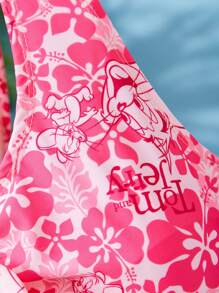 TOM & JERRY X SHEIN 卡通花卉印花镂空吊带连体泳衣，夏季