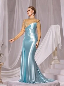 Faeriesty Rhinestone Detail Mock Neck Contrast Mesh Satin Formal Dress - Blue - View 8