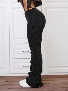 SHEIN ICON Denim Cao eo Quần ống loe - màu đen - Xem 3