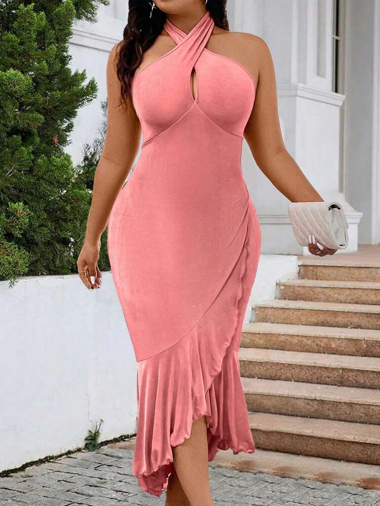 Plus Size Women's Cross Halter Neck Dress