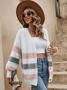 SHEIN Frenchy Striped Pattern Drop Shoulder Fuzzy Cardigan,Earthy,Airport - Pink - View 3