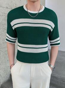 Claim Dot Men's Color Block Striped Short Sleeve Knitted Top - Green - View 3