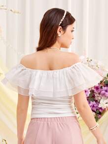 SHEIN 少女针织撞色网眼荷叶边下摆休闲露肩褶饰T恤 - 白色 - 查看 2