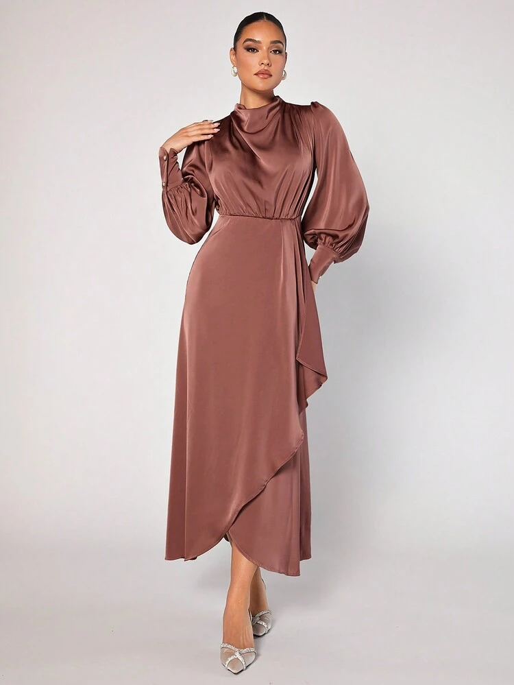 Women's Lantern Sleeve Wrap Draped Collar Long Dress With Flounce Hem
