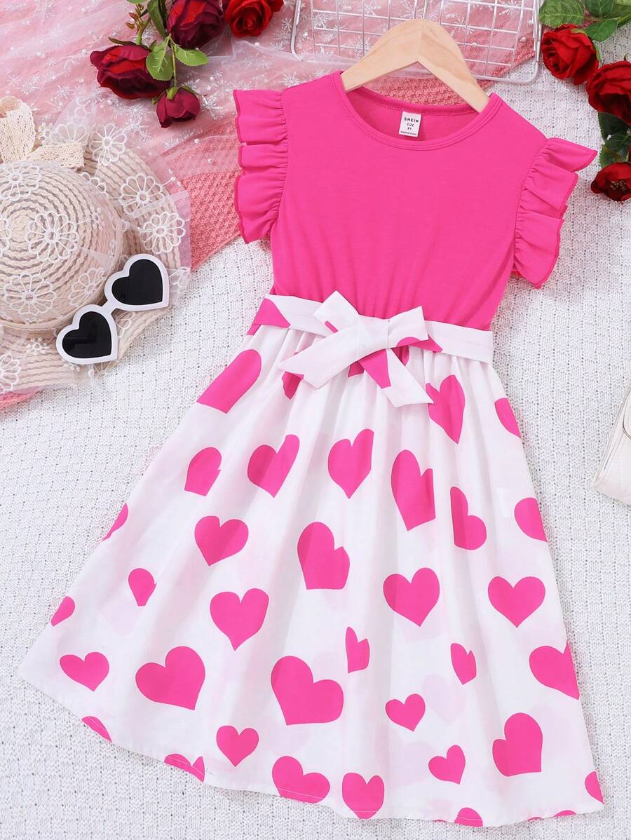 少女心愛花紋印花波浪袖洋裝 - 玫紅色 - 查看 1