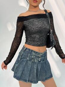 SHEIN Unity Open Shoulder Cropped Floral Lace Top Fall Cloth For Women - Black - View 6