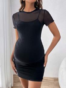 SHEIN 孕婦休閒圓領蕾絲拼接修身迷你裙