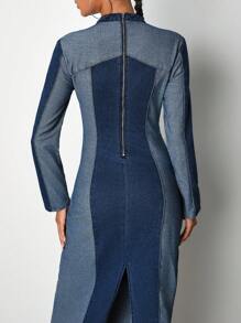 CLASSIC ROYALTY 设计师双色长袖优雅牛仔女牛仔连衣裙，适合节日、派对、生日服装、春夏、节日、婚礼舞会礼服