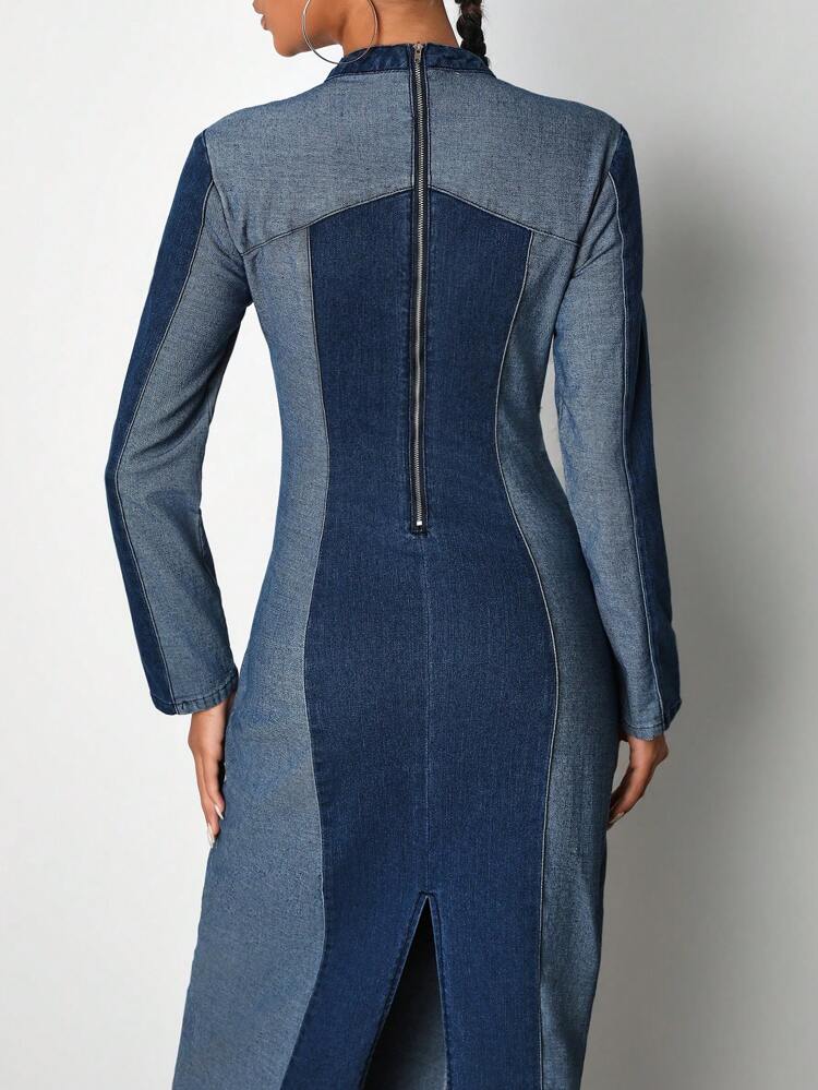 Designer Two-Tone Long Sleeve Elegant Cowgirl Denim Dress, For Holiday, Party, Birthday Outfits, Spring & Summer, Festival, Wedding Prom Dress