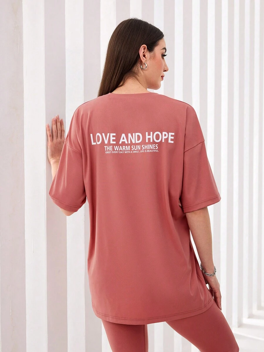 Seusyu Women's Letter Print Drop Shoulder T-Shirt And Long Pants Set 2 Pieces Set - Pink - View 1