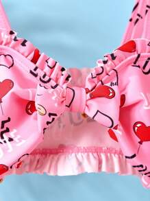 TOM & JERRY X SHEIN Tween Girl Heart Balloon & Cartoon Mouse Print Frill Trim Bikini Set With Swim Brief & Skirt 3pcs Swimwear Summer Beach - Pink - View 3