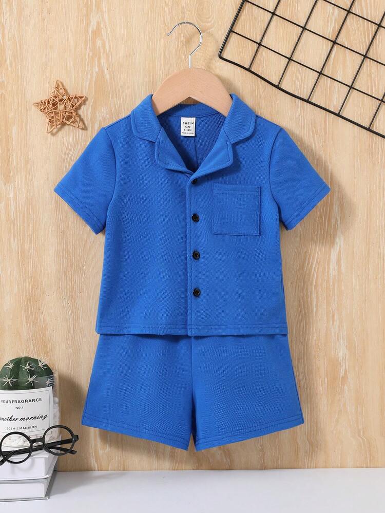 Baby Boy And Girl Summer Casual Solid Color Short Sleeve Shirt And Elastic Waist Shorts Set
