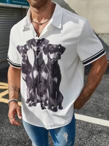 Manfinity Homme قميص مخطط لرجال كبار الحجم مع طبعات الكلاب