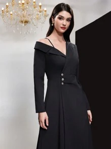 Modelyn 女式不对称领口长袖连衣裙长款女装 - 黑色 - 查看 8