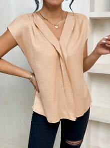 SHEIN Essnce Của phụ nữ Màu thuần Cổ chữ V Batwing Ngắn tay Áo sơ mi - Rượu sâm banh - Xem 5