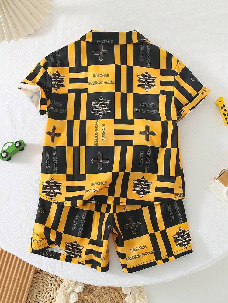 2pcs/Set Young Boys' Casual College And Street Style Plaid, Geometric, And Letter Printed Shirt And Shorts, Suitable For Daily School And Sports In Spring And Summer Season