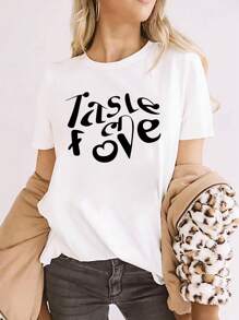 SHEIN EZwear Short Sleeve Casual T-Shirt With Text Print - White - View 1