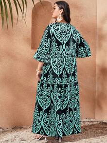 Plus Size Women Allover Print Ruffle Sleeve Dress - Multicolor - View 2