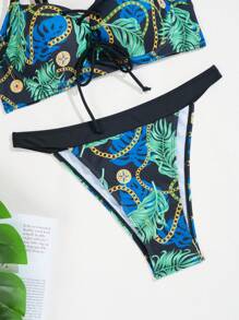 SHEIN Swim 女士热带植物链条印花比基尼套装，两件套比基尼套装夏季海滩