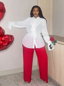 Slaydiva 性感的情人節白色浪漫褶皺口袋加大號襯衫,帶有透視細節 - 白色 - 查看 4